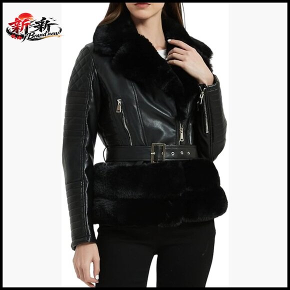 Faux Leather Moto Jacket with Removable Fur Collar Sherpa Lined